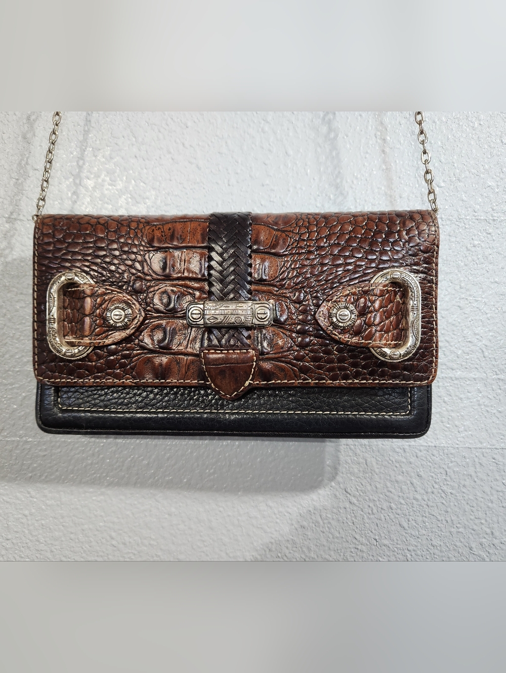 Brighton Brown Croc-Textured Leather Crossbody Black Clutch Wallet Vintage